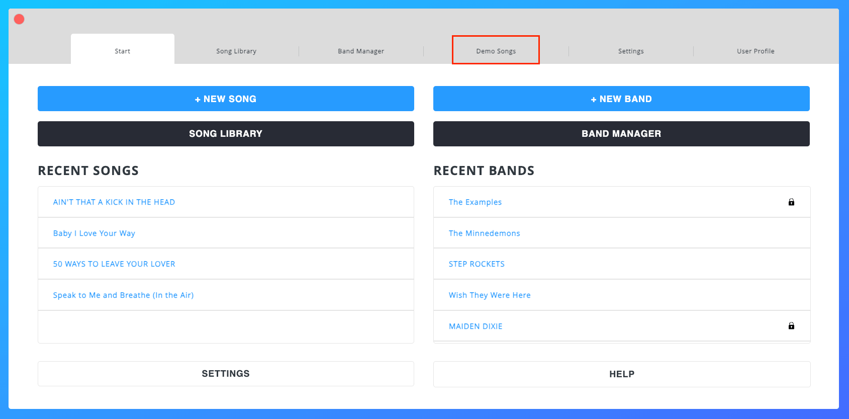 Demo Songs Tab on Home Menu Demo Songs Tab on Home Menu