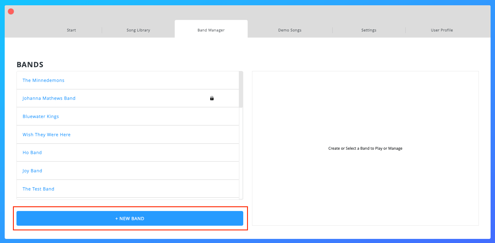 New Band Button on Band Manager Tab New Band Button on Band Manager Tab