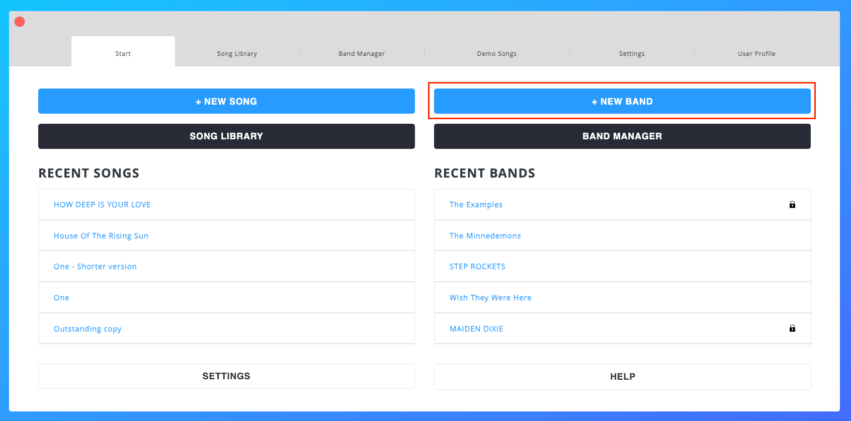 New Band Button on Start Tab New Band Button on Start Tab