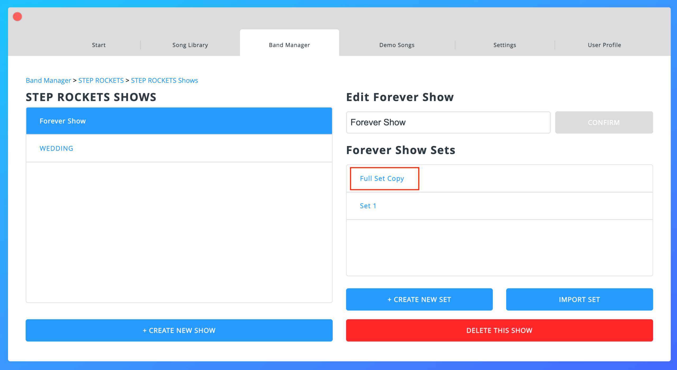 Newly Imported Set on Show Management Screen Newly Imported Set on Show Management Screen