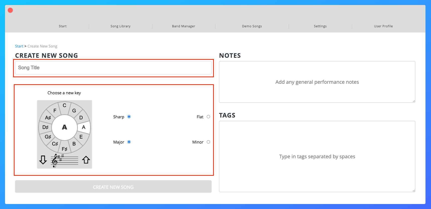 New Song with name and key boxed New Song with name and key boxed