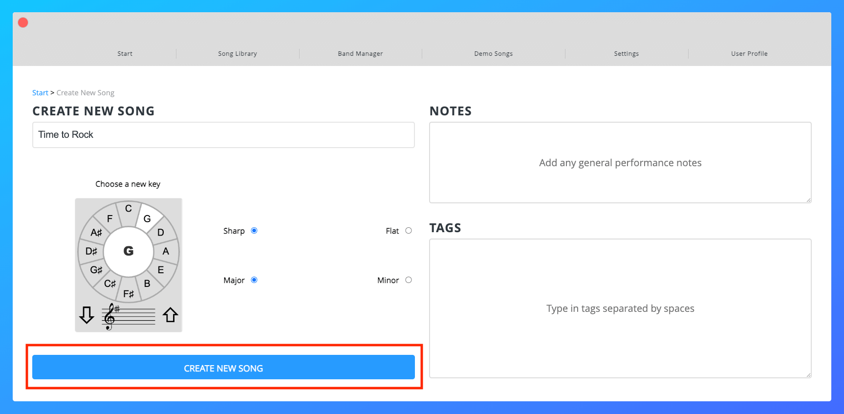 New song with create new song button boxed New song with create new song button boxed