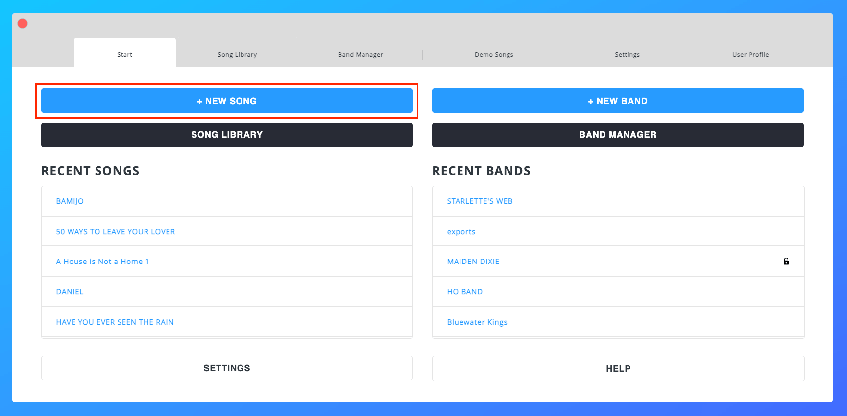 Start Tab with new song boxed Start Tab with new song boxed