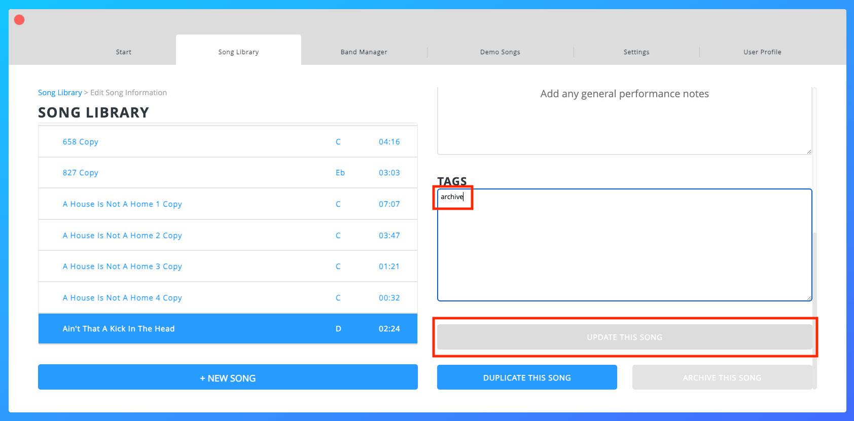 Unarchiving a Song - Step 2 Unarchiving a Song - Step 2